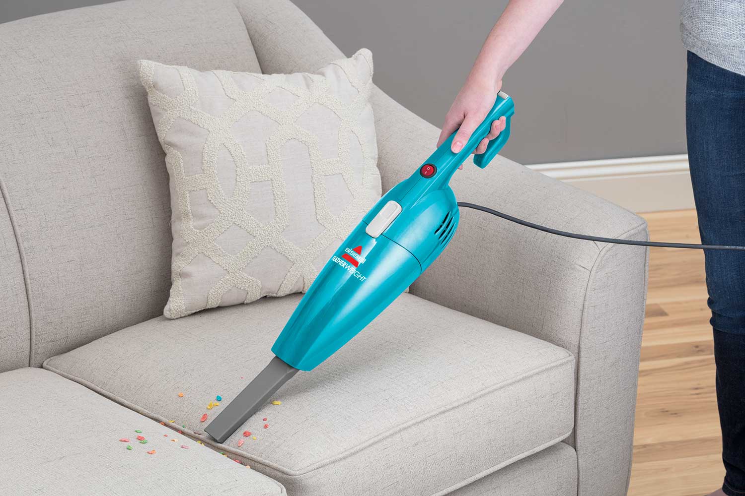  Using FeatherWeight Stick Vac as a Hand Vac with Crevcie Tool to vacuum couch cushion