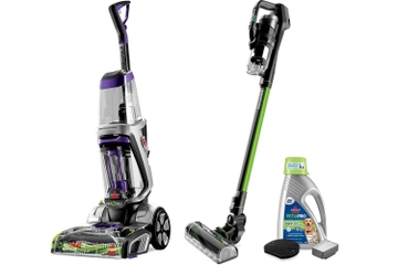 ProHeat 2X Revolution Carpet cleaner, ICONPET TURBO EDGE Stick Vac, PET PRO OXY Urine Eliminator, and replacement filters.