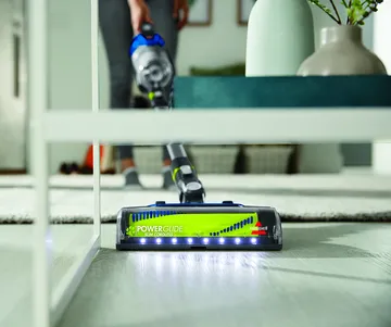 Headlight feature of foot of CleanView Pet Slim Cordless Stick Vac