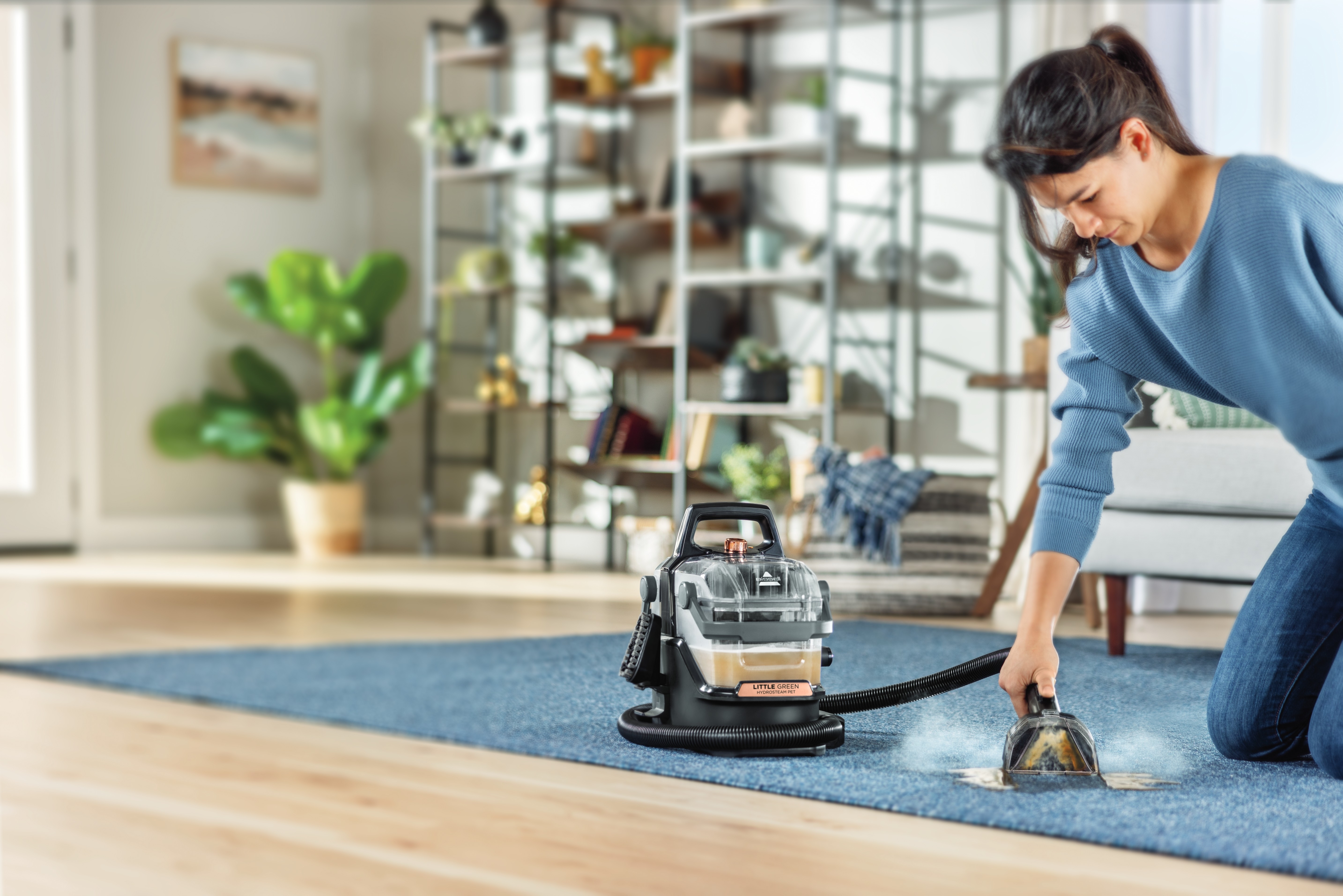 Using Little Green HydroSteam Portable Carpet Cleaner to clean spill on area rug. 
