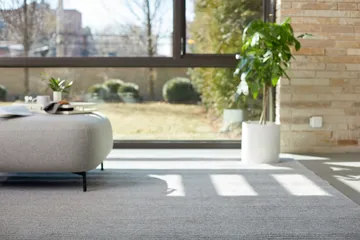 Living room with area rug and couch.