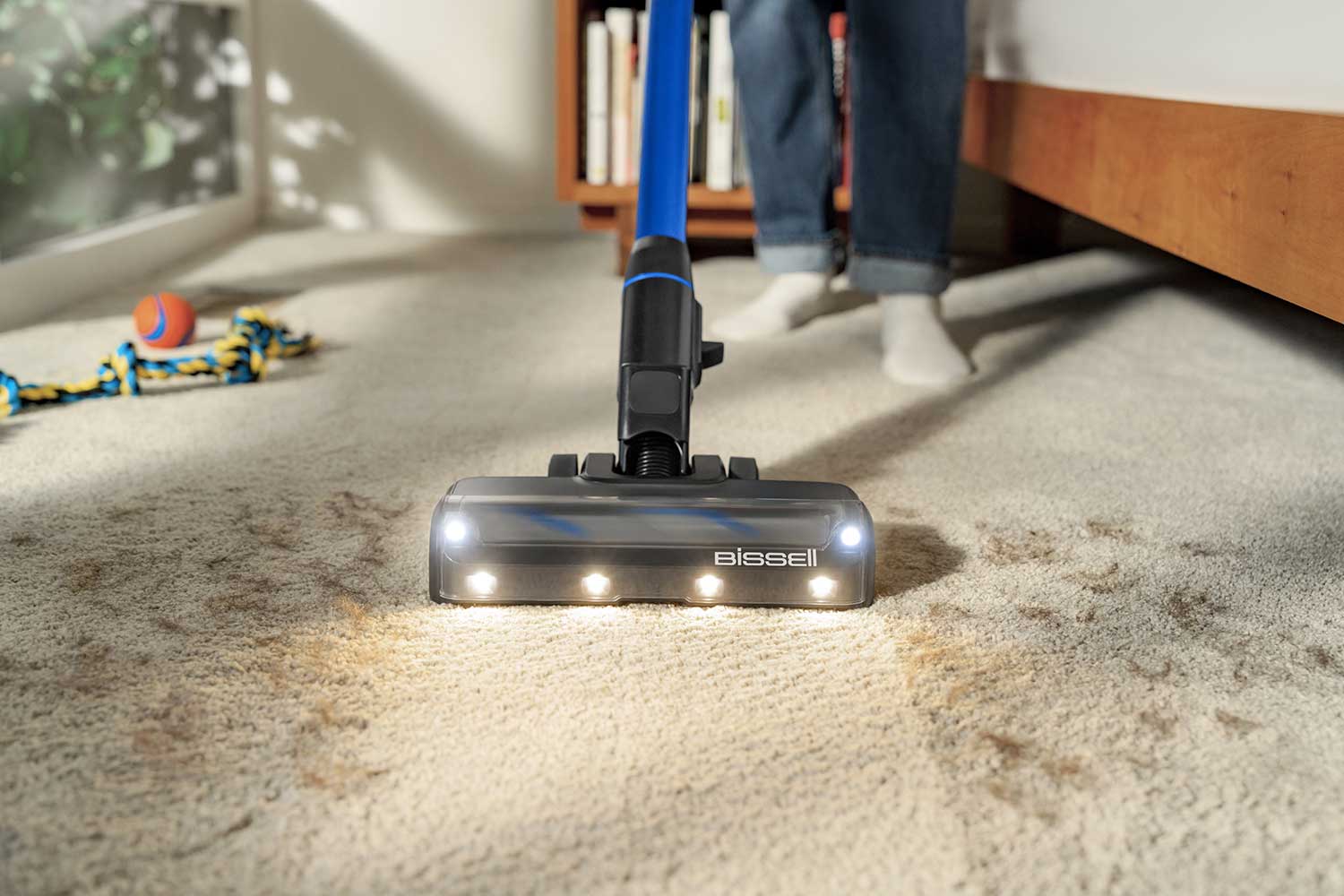 Vacuuming pet hair from carpet