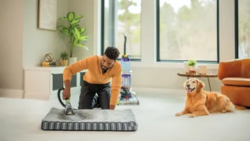Using tool on the end of hose on ProHeat 2X Revolution Pet Pro to deep clean pet bed.
