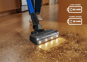 PowerClean FurFinder comes with two removable batteries which take your cleaning power further, longer. Up to 80 minutes* in low mode and 26 minutes in turbo mode.