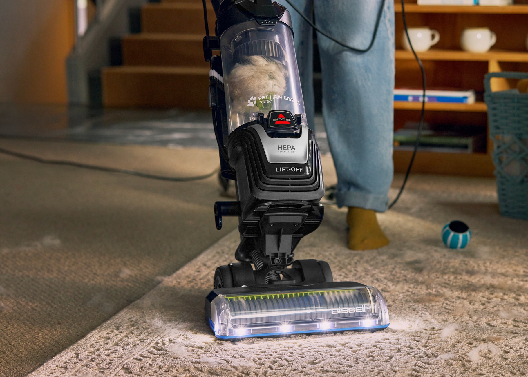 Pet Hair Eraser Turbo Lift Off vacuuming pet hair from a carpet
