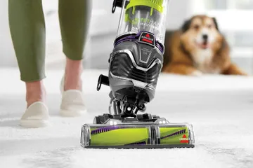 Pet Hair Eraser Turbo Plus Vacuum vacuuming pet hair from carpet.